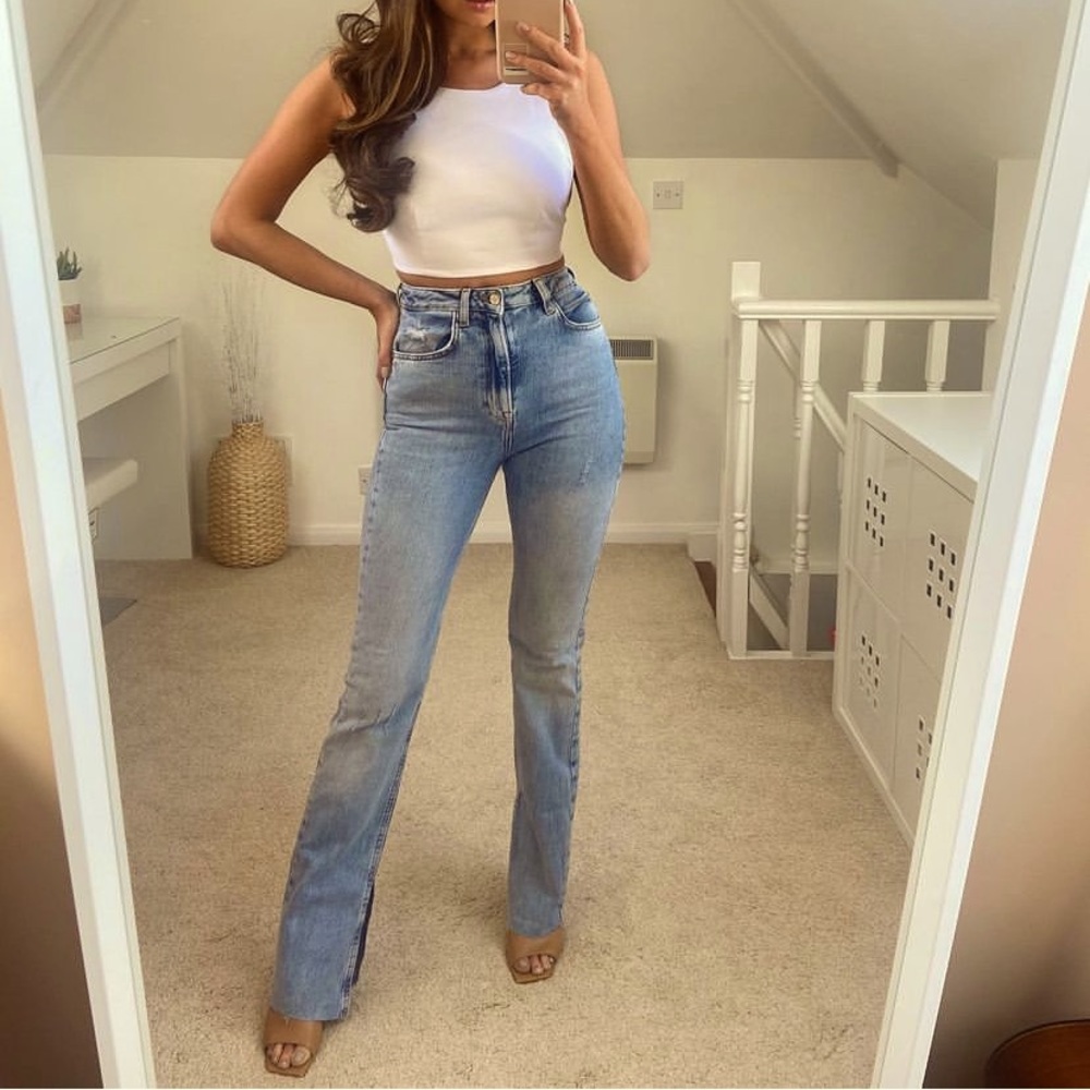 ZARA high rise slim flare full length split hem jeans blogger favorite